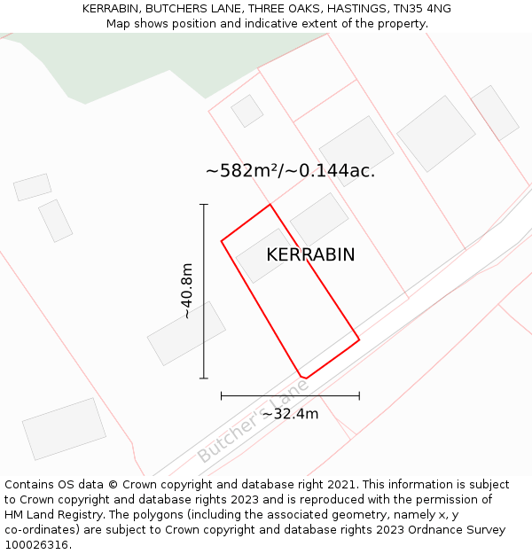 KERRABIN, BUTCHERS LANE, THREE OAKS, HASTINGS, TN35 4NG: Plot and title map