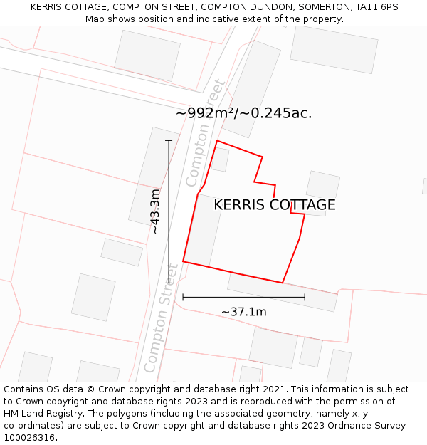 KERRIS COTTAGE, COMPTON STREET, COMPTON DUNDON, SOMERTON, TA11 6PS: Plot and title map