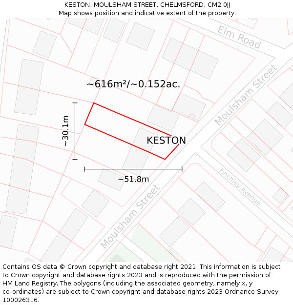 KESTON, MOULSHAM STREET, CHELMSFORD, CM2 0JJ: Plot and title map