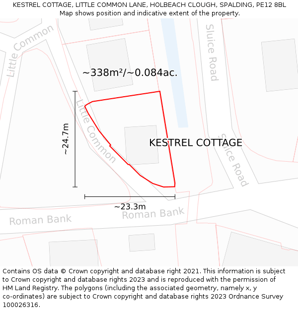 KESTREL COTTAGE, LITTLE COMMON LANE, HOLBEACH CLOUGH, SPALDING, PE12 8BL: Plot and title map