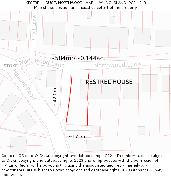 KESTREL HOUSE, NORTHWOOD LANE, HAYLING ISLAND, PO11 0LR: Plot and title map