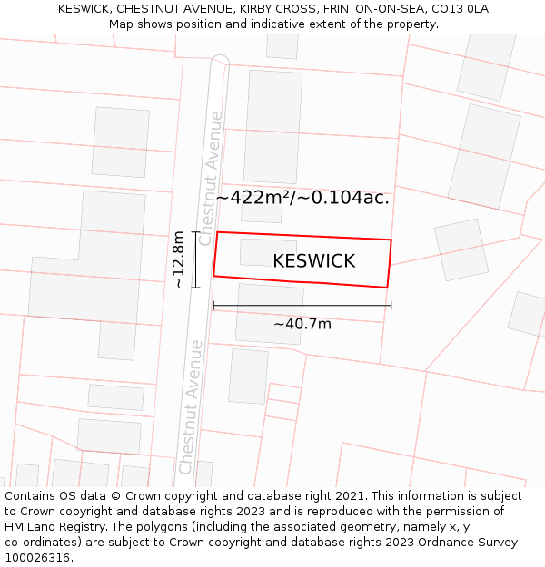 KESWICK, CHESTNUT AVENUE, KIRBY CROSS, FRINTON-ON-SEA, CO13 0LA: Plot and title map