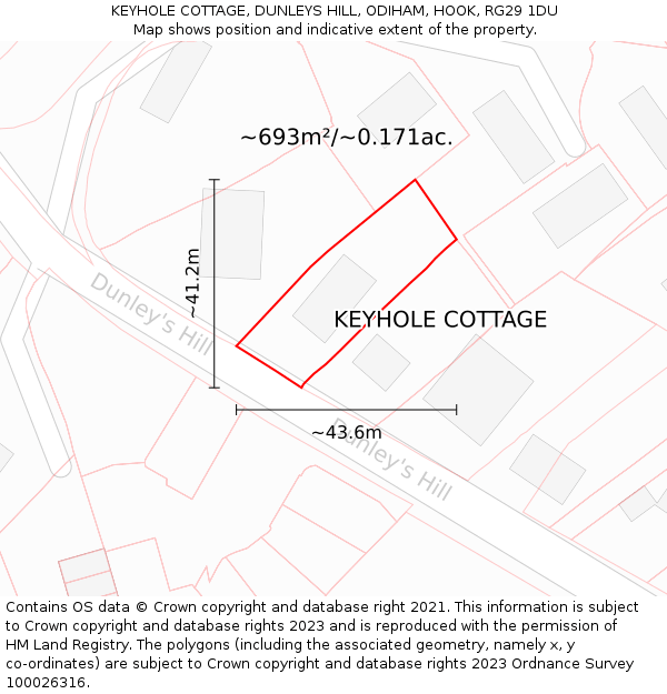 KEYHOLE COTTAGE, DUNLEYS HILL, ODIHAM, HOOK, RG29 1DU: Plot and title map