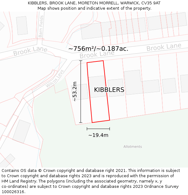 KIBBLERS, BROOK LANE, MORETON MORRELL, WARWICK, CV35 9AT: Plot and title map