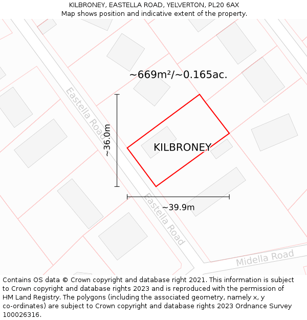 KILBRONEY, EASTELLA ROAD, YELVERTON, PL20 6AX: Plot and title map