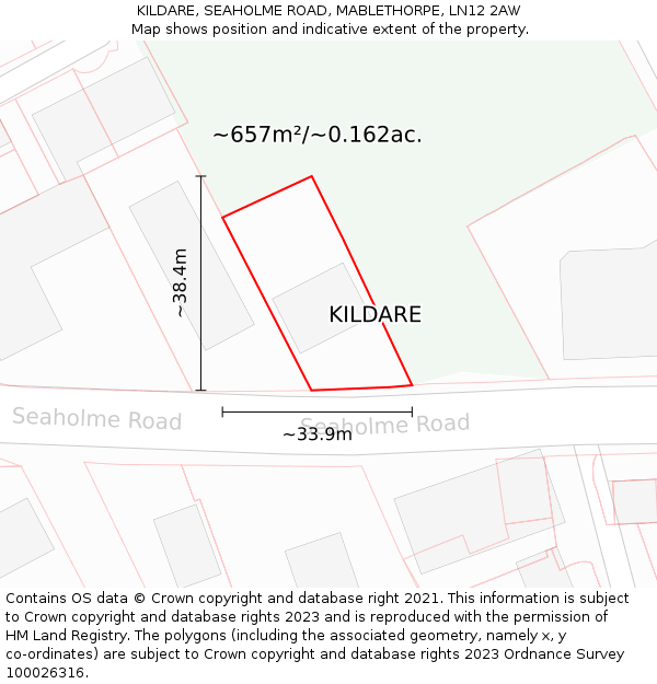 KILDARE, SEAHOLME ROAD, MABLETHORPE, LN12 2AW: Plot and title map