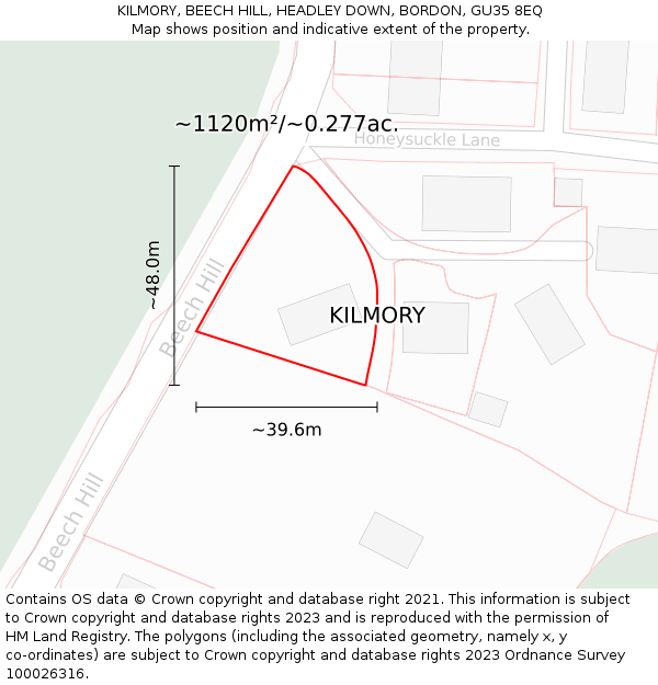 KILMORY, BEECH HILL, HEADLEY DOWN, BORDON, GU35 8EQ: Plot and title map