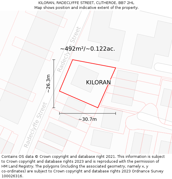 KILORAN, RADECLYFFE STREET, CLITHEROE, BB7 2HL: Plot and title map