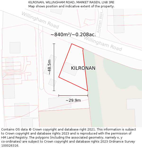 KILRONAN, WILLINGHAM ROAD, MARKET RASEN, LN8 3RE: Plot and title map