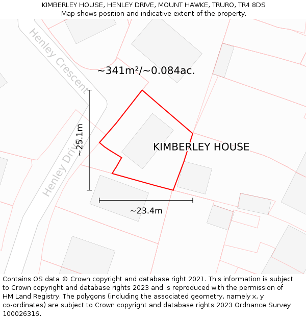 KIMBERLEY HOUSE, HENLEY DRIVE, MOUNT HAWKE, TRURO, TR4 8DS: Plot and title map