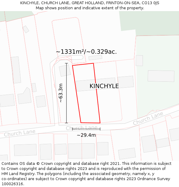 KINCHYLE, CHURCH LANE, GREAT HOLLAND, FRINTON-ON-SEA, CO13 0JS: Plot and title map