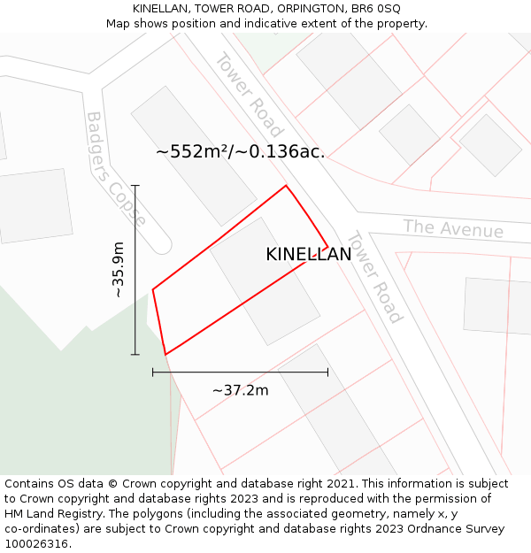 KINELLAN, TOWER ROAD, ORPINGTON, BR6 0SQ: Plot and title map