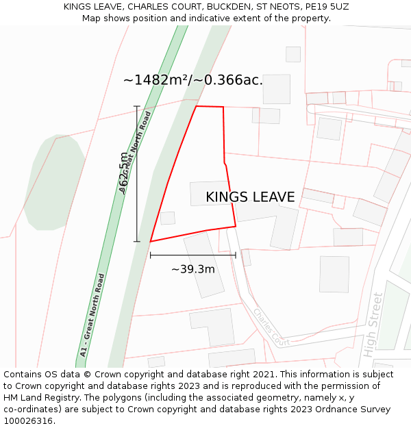 KINGS LEAVE, CHARLES COURT, BUCKDEN, ST NEOTS, PE19 5UZ: Plot and title map