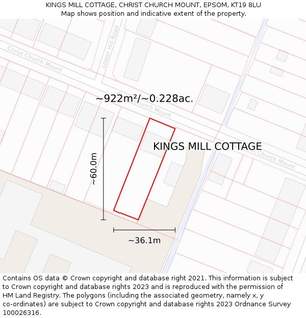 KINGS MILL COTTAGE, CHRIST CHURCH MOUNT, EPSOM, KT19 8LU: Plot and title map