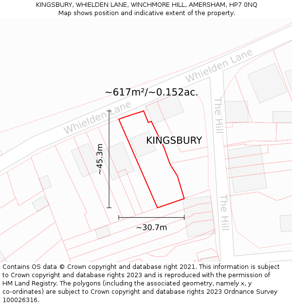 KINGSBURY, WHIELDEN LANE, WINCHMORE HILL, AMERSHAM, HP7 0NQ: Plot and title map