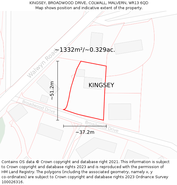 KINGSEY, BROADWOOD DRIVE, COLWALL, MALVERN, WR13 6QD: Plot and title map