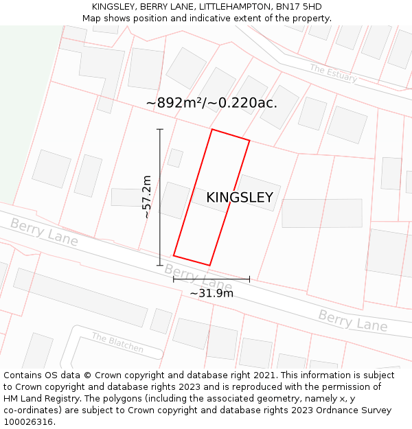 KINGSLEY, BERRY LANE, LITTLEHAMPTON, BN17 5HD: Plot and title map