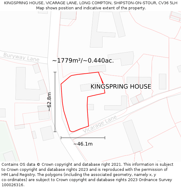KINGSPRING HOUSE, VICARAGE LANE, LONG COMPTON, SHIPSTON-ON-STOUR, CV36 5LH: Plot and title map