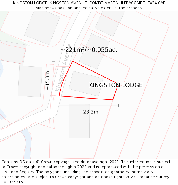 KINGSTON LODGE, KINGSTON AVENUE, COMBE MARTIN, ILFRACOMBE, EX34 0AE: Plot and title map