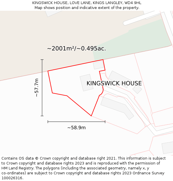 KINGSWICK HOUSE, LOVE LANE, KINGS LANGLEY, WD4 9HL: Plot and title map