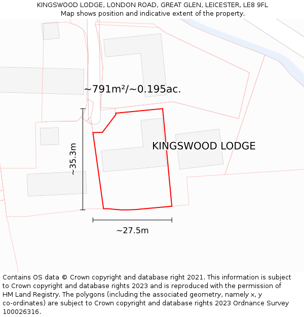 KINGSWOOD LODGE, LONDON ROAD, GREAT GLEN, LEICESTER, LE8 9FL: Plot and title map