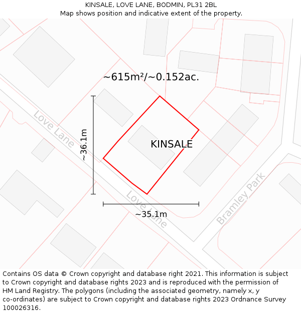 KINSALE, LOVE LANE, BODMIN, PL31 2BL: Plot and title map