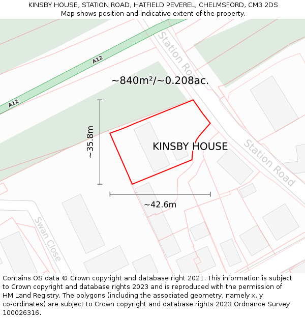 KINSBY HOUSE, STATION ROAD, HATFIELD PEVEREL, CHELMSFORD, CM3 2DS: Plot and title map