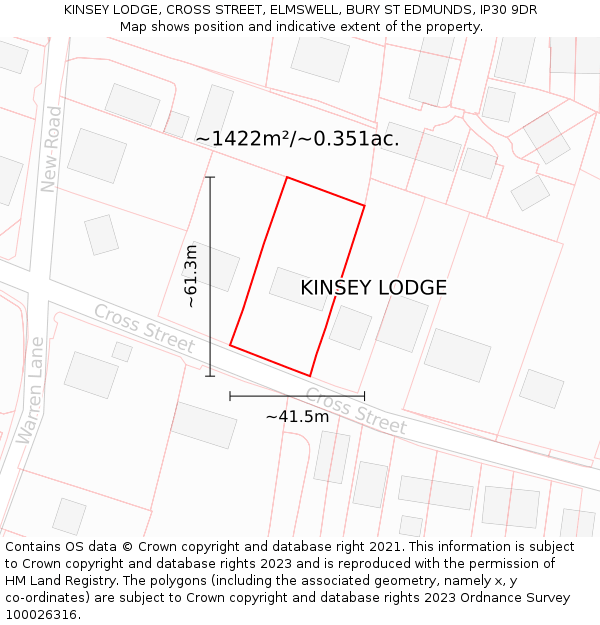 KINSEY LODGE, CROSS STREET, ELMSWELL, BURY ST EDMUNDS, IP30 9DR: Plot and title map