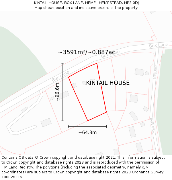 KINTAIL HOUSE, BOX LANE, HEMEL HEMPSTEAD, HP3 0DJ: Plot and title map