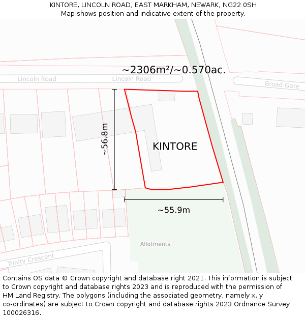 KINTORE, LINCOLN ROAD, EAST MARKHAM, NEWARK, NG22 0SH: Plot and title map