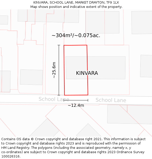 KINVARA, SCHOOL LANE, MARKET DRAYTON, TF9 1LX: Plot and title map