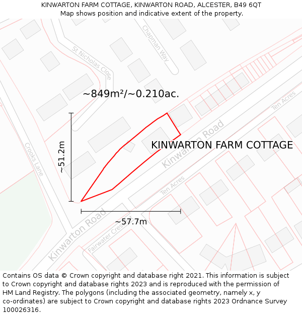 KINWARTON FARM COTTAGE, KINWARTON ROAD, ALCESTER, B49 6QT: Plot and title map