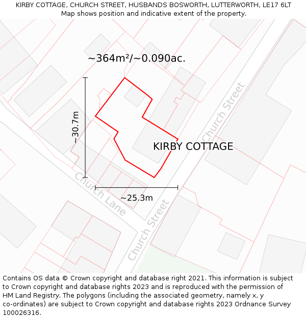 KIRBY COTTAGE, CHURCH STREET, HUSBANDS BOSWORTH, LUTTERWORTH, LE17 6LT: Plot and title map