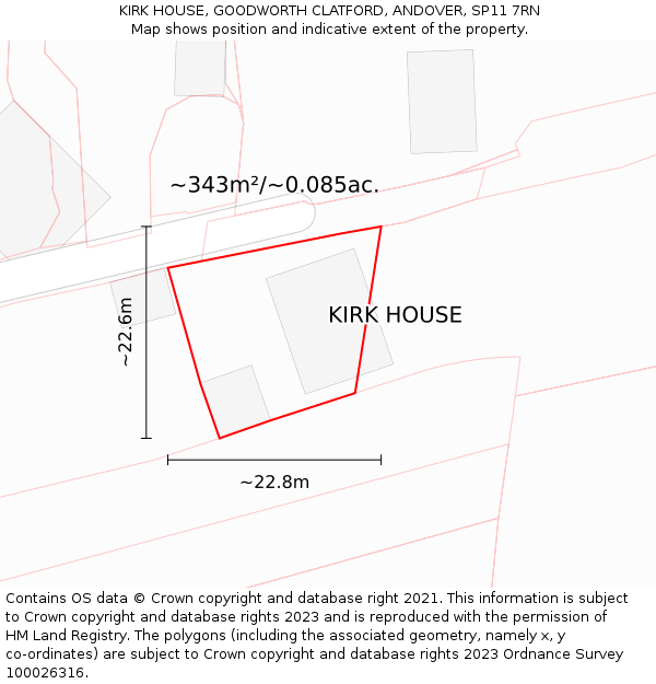 KIRK HOUSE, GOODWORTH CLATFORD, ANDOVER, SP11 7RN: Plot and title map