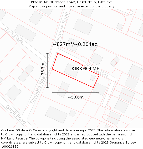 KIRKHOLME, TILSMORE ROAD, HEATHFIELD, TN21 0XT: Plot and title map