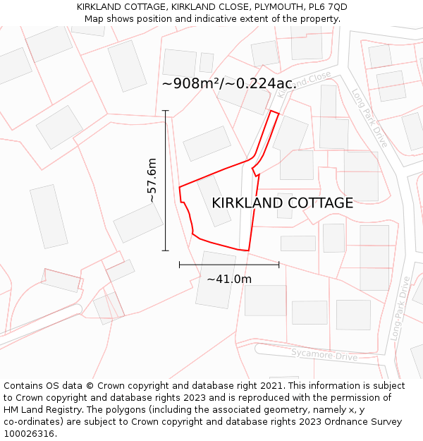 KIRKLAND COTTAGE, KIRKLAND CLOSE, PLYMOUTH, PL6 7QD: Plot and title map