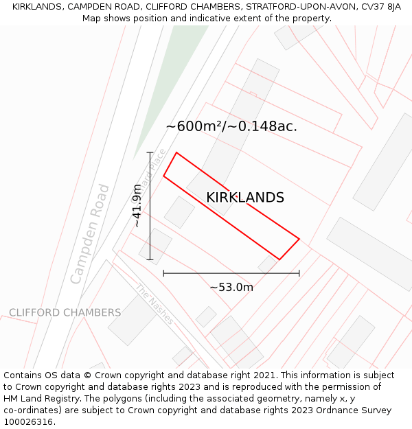 KIRKLANDS, CAMPDEN ROAD, CLIFFORD CHAMBERS, STRATFORD-UPON-AVON, CV37 8JA: Plot and title map