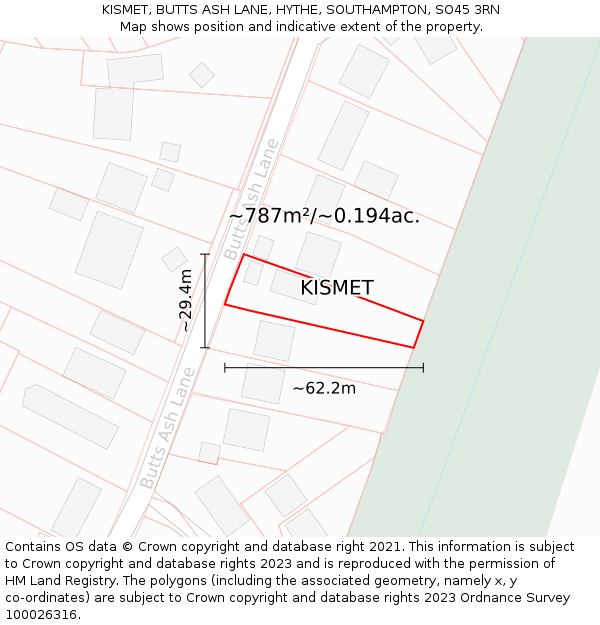 KISMET, BUTTS ASH LANE, HYTHE, SOUTHAMPTON, SO45 3RN: Plot and title map