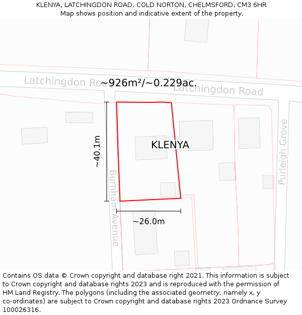 KLENYA, LATCHINGDON ROAD, COLD NORTON, CHELMSFORD, CM3 6HR: Plot and title map