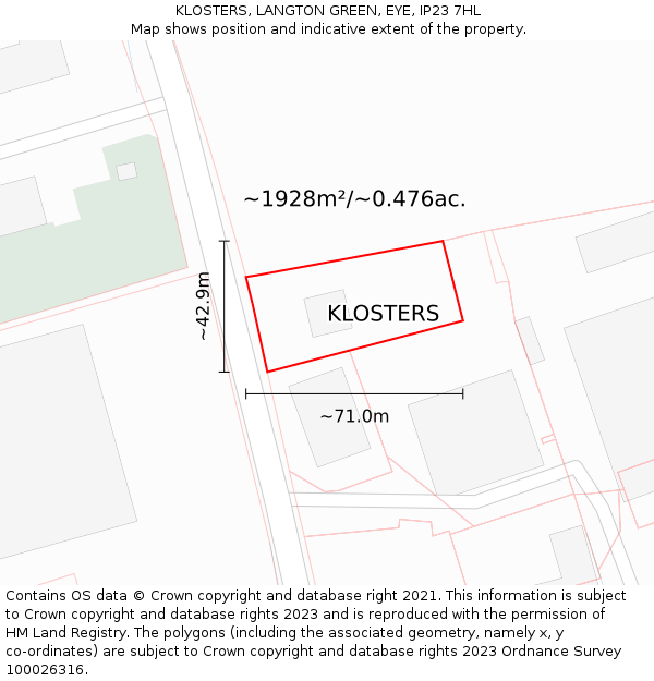 KLOSTERS, LANGTON GREEN, EYE, IP23 7HL: Plot and title map