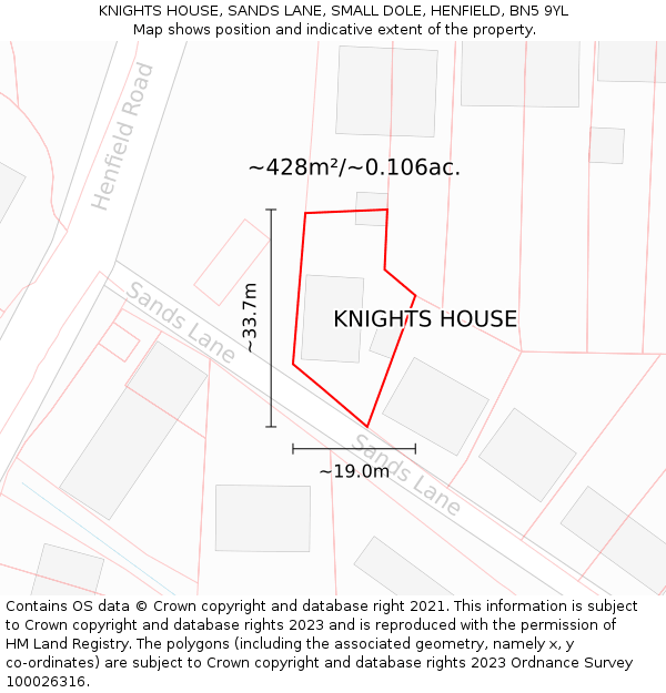 KNIGHTS HOUSE, SANDS LANE, SMALL DOLE, HENFIELD, BN5 9YL: Plot and title map