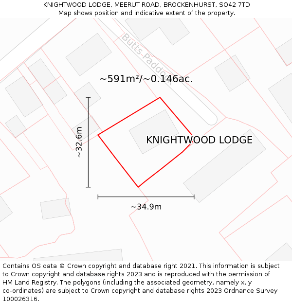 KNIGHTWOOD LODGE, MEERUT ROAD, BROCKENHURST, SO42 7TD: Plot and title map