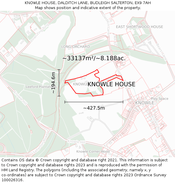 KNOWLE HOUSE, DALDITCH LANE, BUDLEIGH SALTERTON, EX9 7AH: Plot and title map