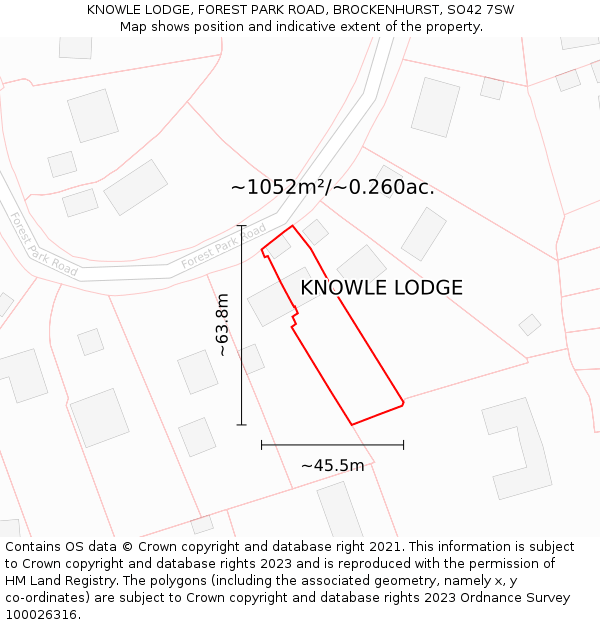 KNOWLE LODGE, FOREST PARK ROAD, BROCKENHURST, SO42 7SW: Plot and title map