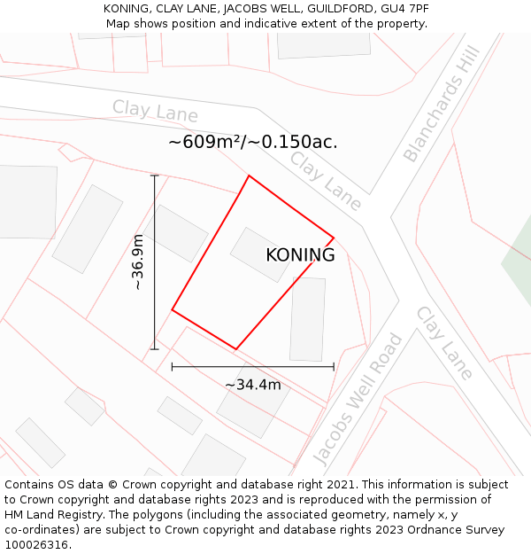 KONING, CLAY LANE, JACOBS WELL, GUILDFORD, GU4 7PF: Plot and title map