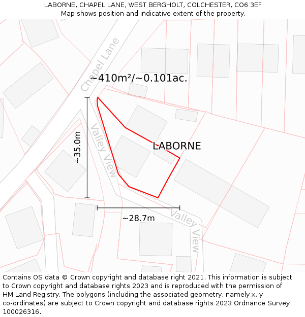 LABORNE, CHAPEL LANE, WEST BERGHOLT, COLCHESTER, CO6 3EF: Plot and title map