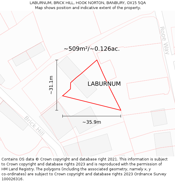 LABURNUM, BRICK HILL, HOOK NORTON, BANBURY, OX15 5QA: Plot and title map