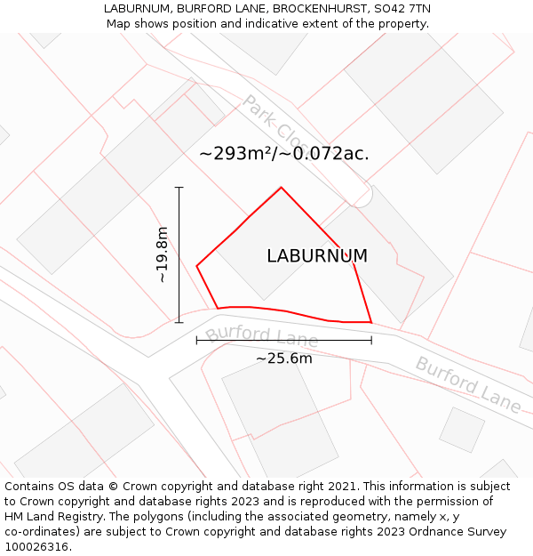 LABURNUM, BURFORD LANE, BROCKENHURST, SO42 7TN: Plot and title map