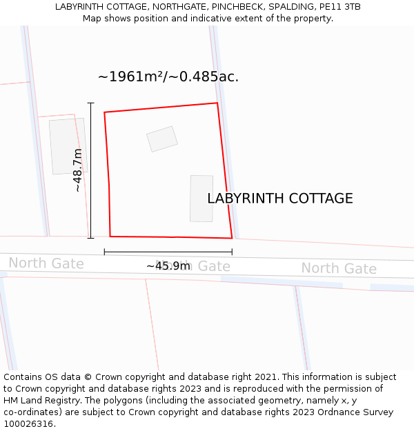 LABYRINTH COTTAGE, NORTHGATE, PINCHBECK, SPALDING, PE11 3TB: Plot and title map