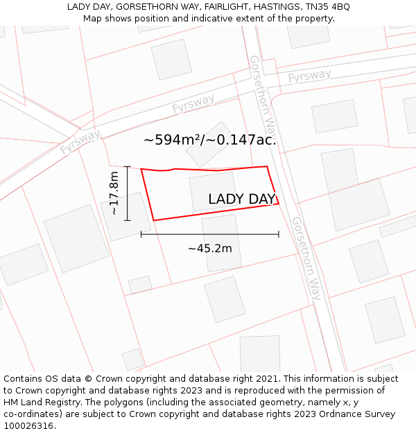 LADY DAY, GORSETHORN WAY, FAIRLIGHT, HASTINGS, TN35 4BQ: Plot and title map